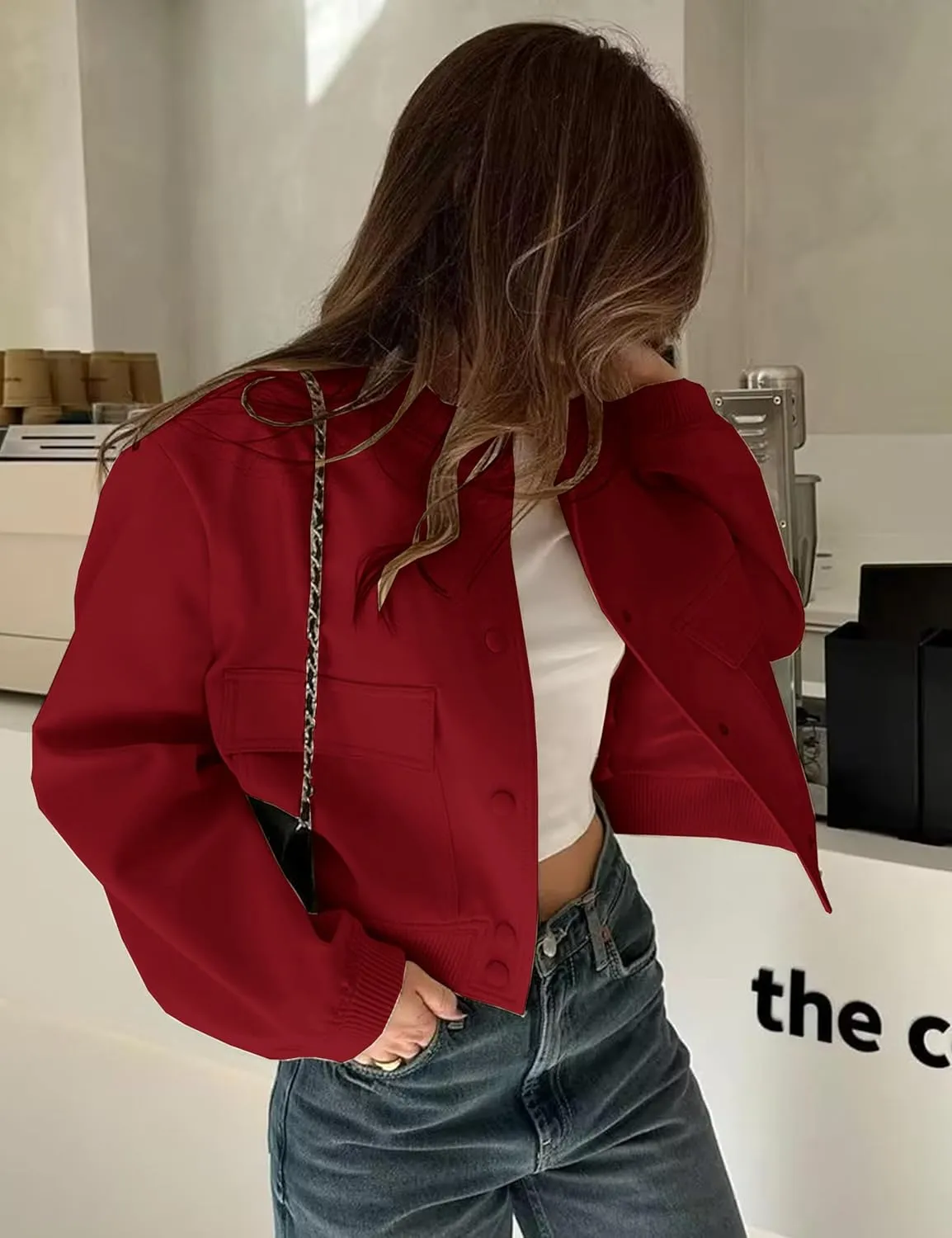 Lumister Women's Fashion Cropped Button Down Lightweight Cropped Bomber Jacket Varsity Shacket with Side Pockets