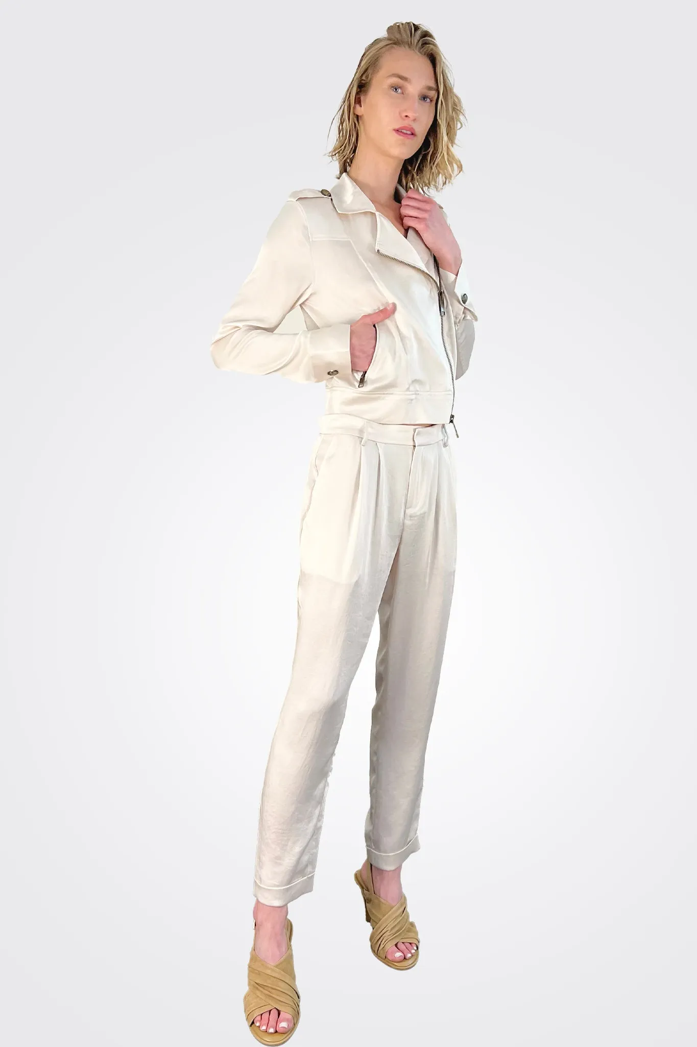 Madelyn Cuffed Crop Satin Pants - Bone