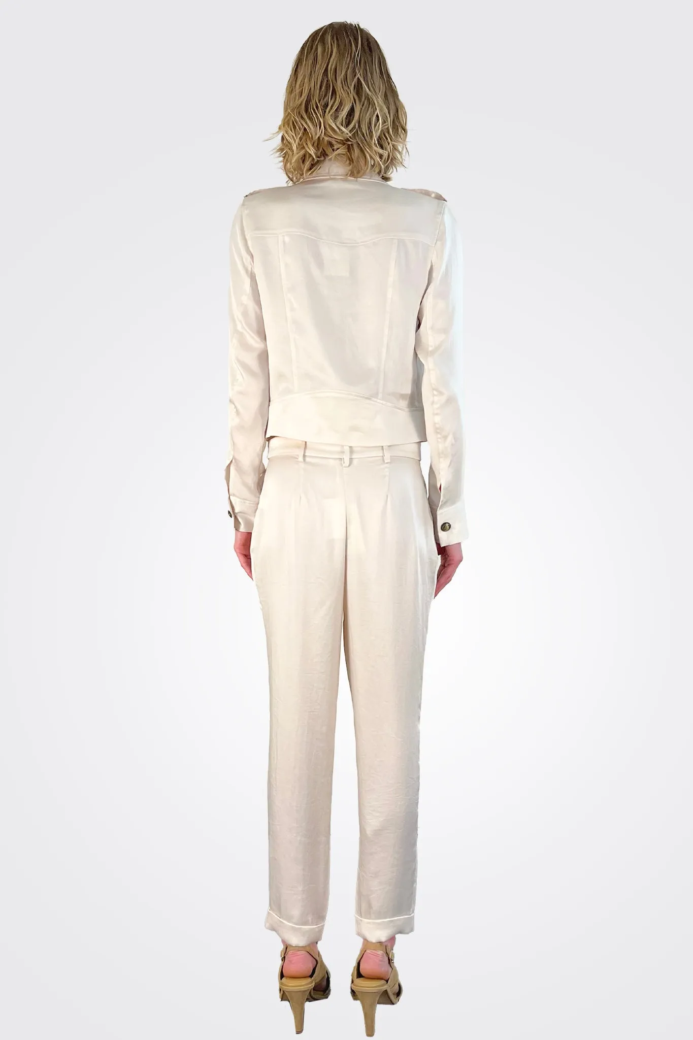 Madelyn Cuffed Crop Satin Pants - Bone
