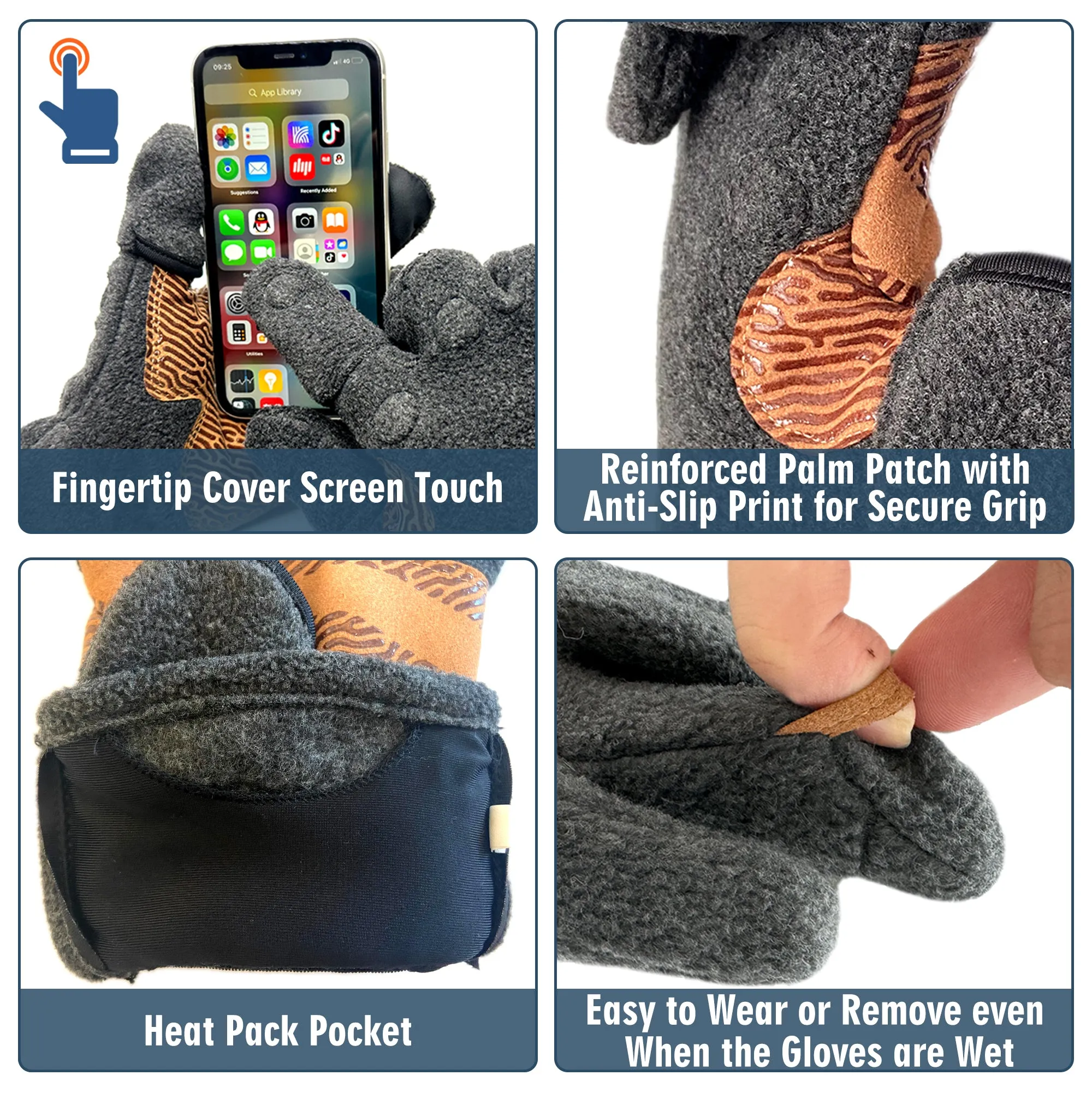 Magnets Convert Fleece Gloves 3 Cut Fingers