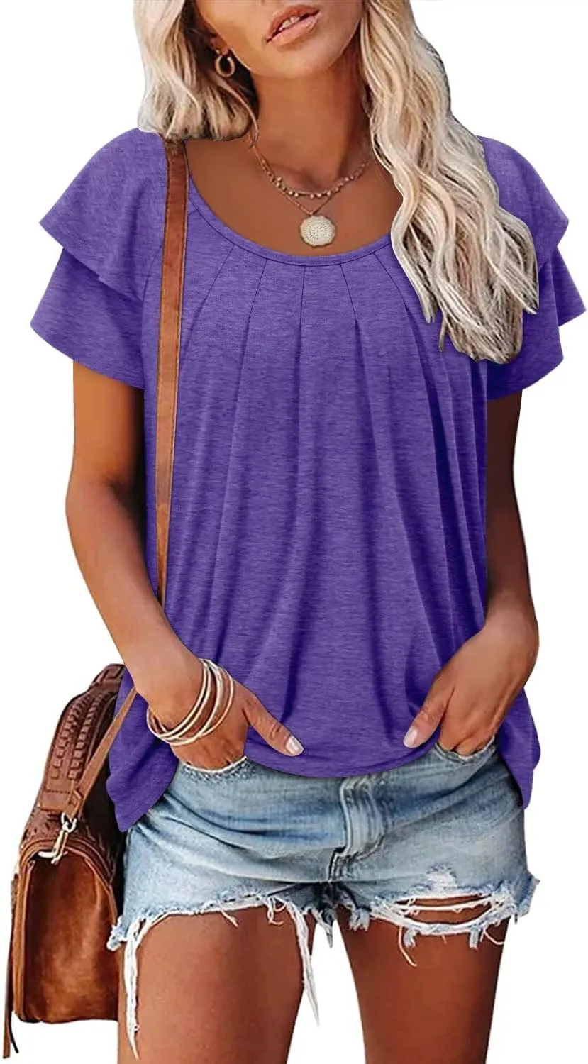 Magritta Womens Shirts Dressy Casual Short Sleeve Blouses Loose Fit Pleated Front Summer Tunic Tops