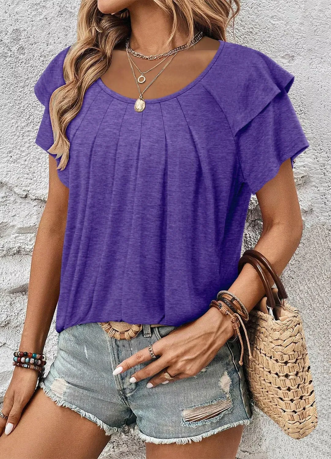 Magritta Womens Shirts Dressy Casual Short Sleeve Blouses Loose Fit Pleated Front Summer Tunic Tops