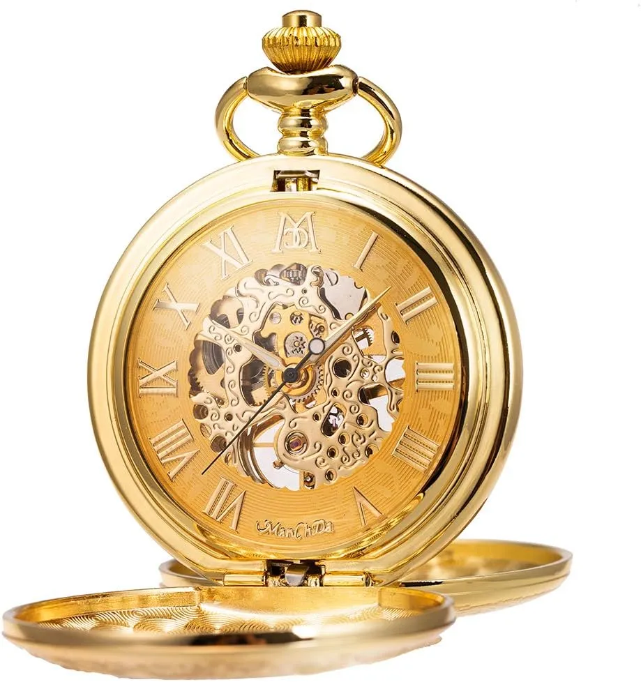 ManChDa Mechanical Roman Numerals Dial Skeleton Pocket Watches with Box and Chains for Mens Women