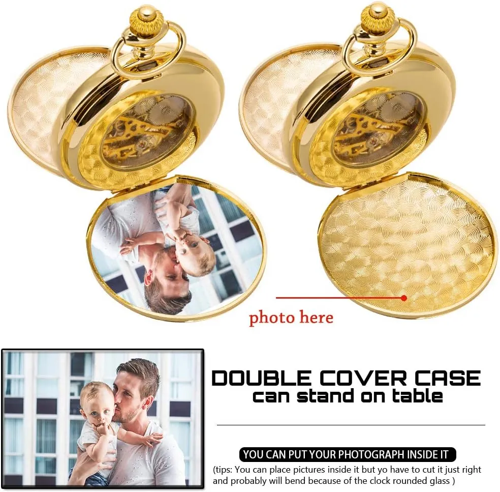 ManChDa Mechanical Roman Numerals Dial Skeleton Pocket Watches with Box and Chains for Mens Women