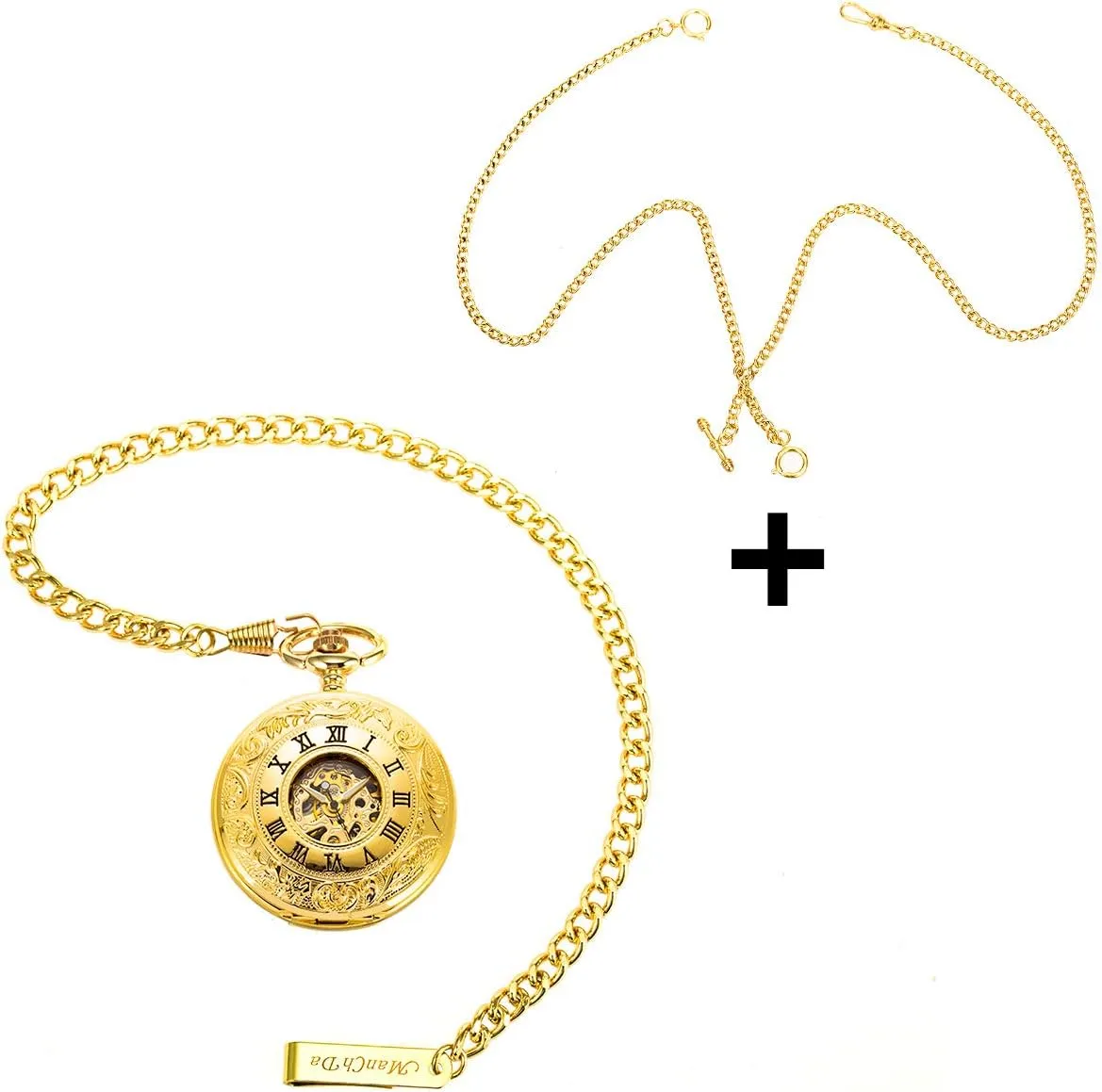 ManChDa Mechanical Roman Numerals Dial Skeleton Pocket Watches with Box and Chains for Mens Women