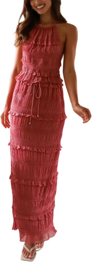 Maxi Skirt Set Women 2 Piece Outfits Backless Ruched Halter Crop Top Long Skirt Cocktail Club Dress Sets