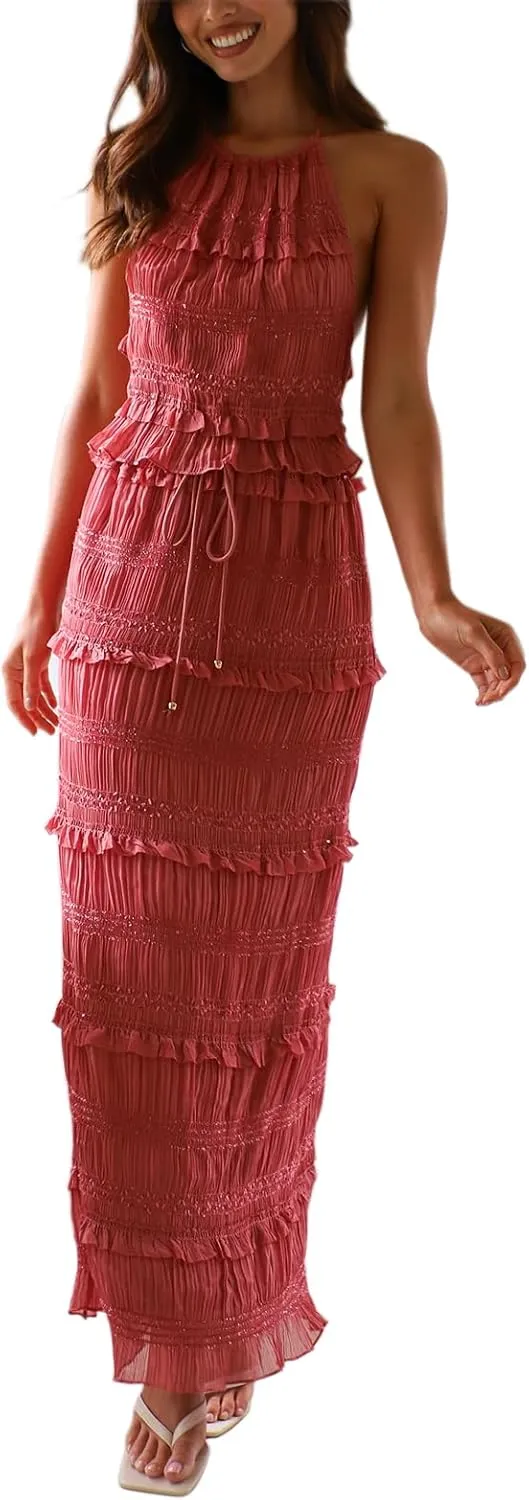 Maxi Skirt Set Women 2 Piece Outfits Backless Ruched Halter Crop Top Long Skirt Cocktail Club Dress Sets