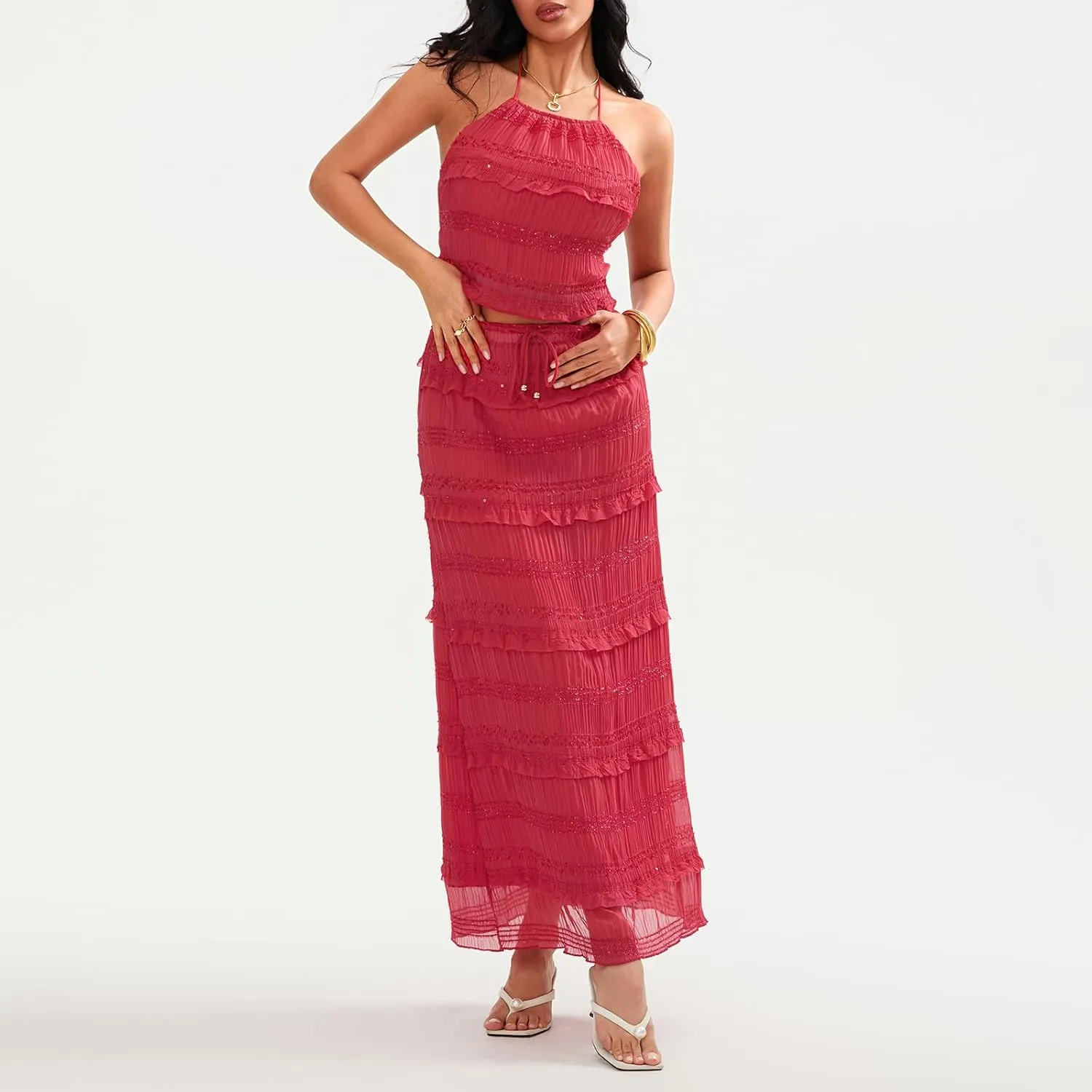 Maxi Skirt Set Women 2 Piece Outfits Backless Ruched Halter Crop Top Long Skirt Cocktail Club Dress Sets