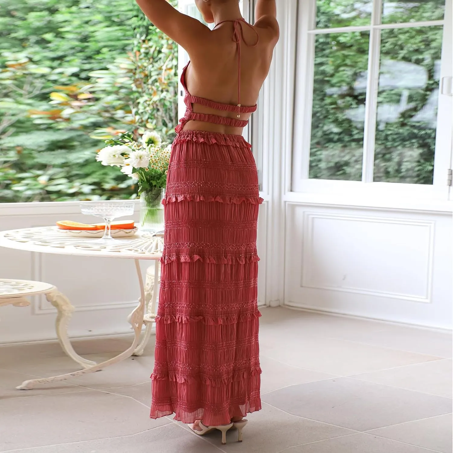 Maxi Skirt Set Women 2 Piece Outfits Backless Ruched Halter Crop Top Long Skirt Cocktail Club Dress Sets