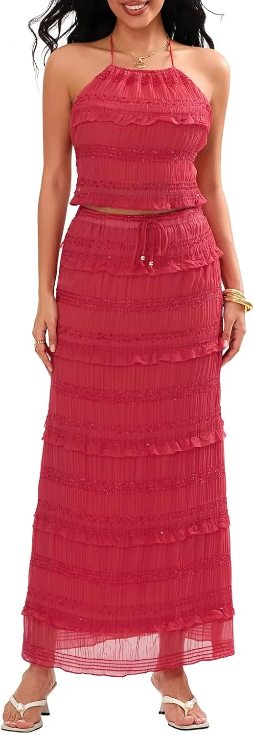 Maxi Skirt Set Women 2 Piece Outfits Backless Ruched Halter Crop Top Long Skirt Cocktail Club Dress Sets