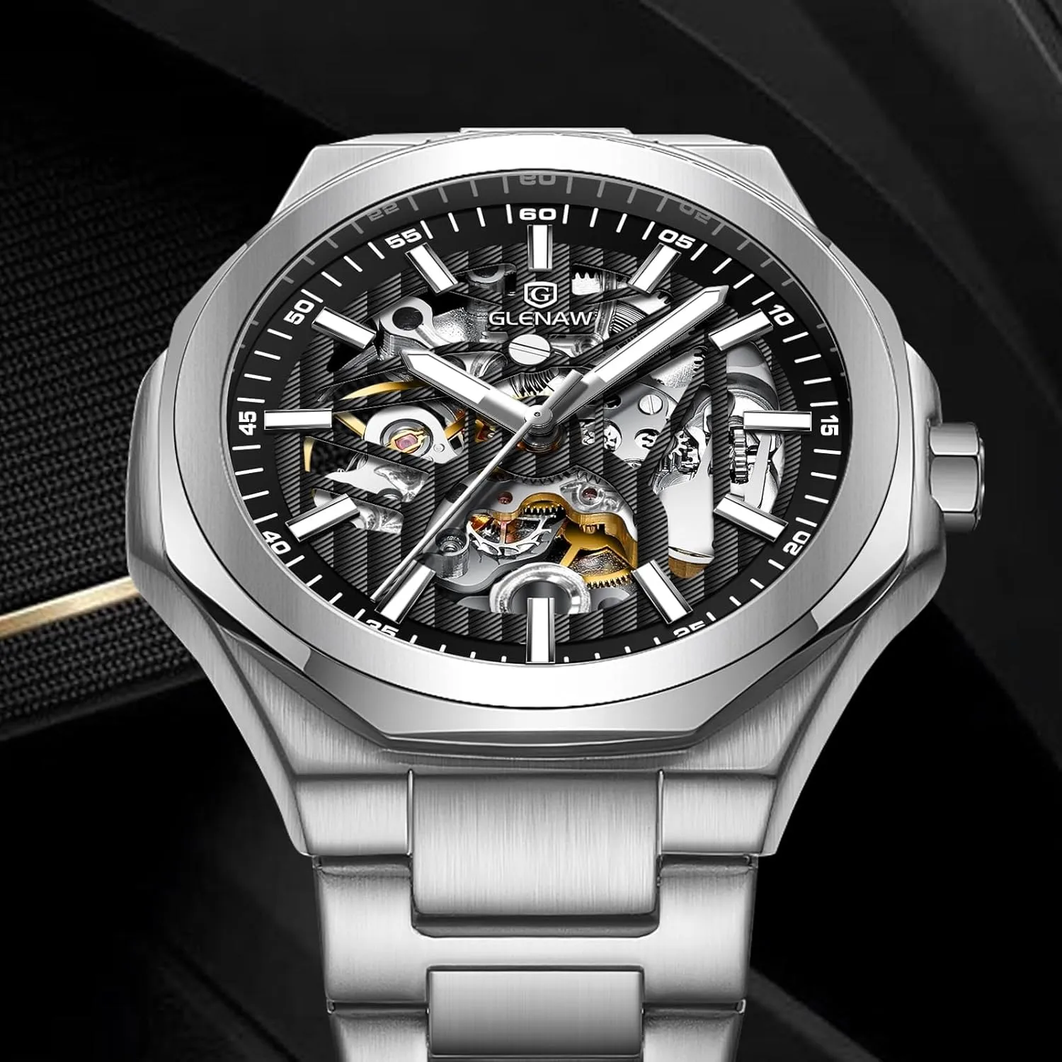 Mechanical Skeleton Watch Self-Winding Wrist Watch Mechanical Classic Business Mens Watches Sliver & Black