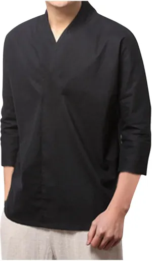 Men 3/4 Sleeve Cotton Linen Top Wrap V Neck Hipster Shirts Loose Fit Beach Hippie Tunic Yoga Tops Big and Tall