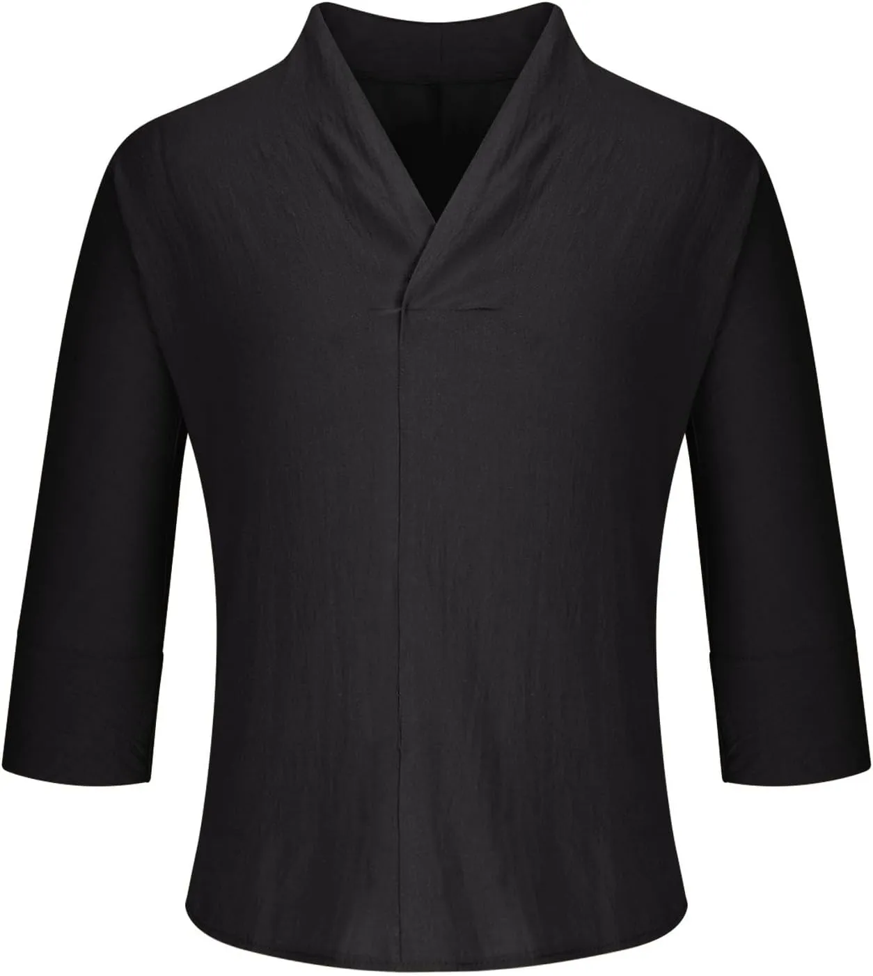 Men 3/4 Sleeve Cotton Linen Top Wrap V Neck Hipster Shirts Loose Fit Beach Hippie Tunic Yoga Tops Big and Tall