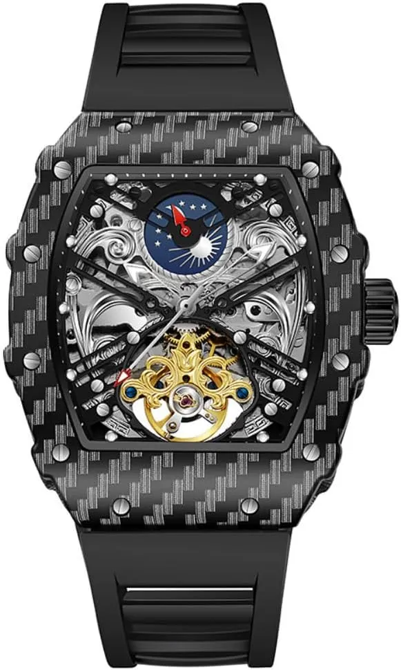 Men Black Skeleton Automatic Mechanical Watch Luxury Tourbillon Hollow Vintage Watches Tonneau Dial Silicone Strap Wristwatch