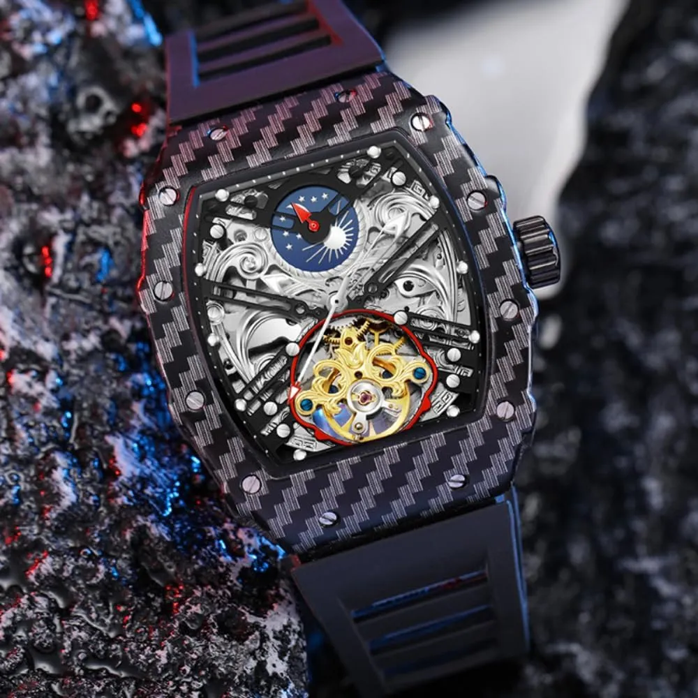 Men Black Skeleton Automatic Mechanical Watch Luxury Tourbillon Hollow Vintage Watches Tonneau Dial Silicone Strap Wristwatch