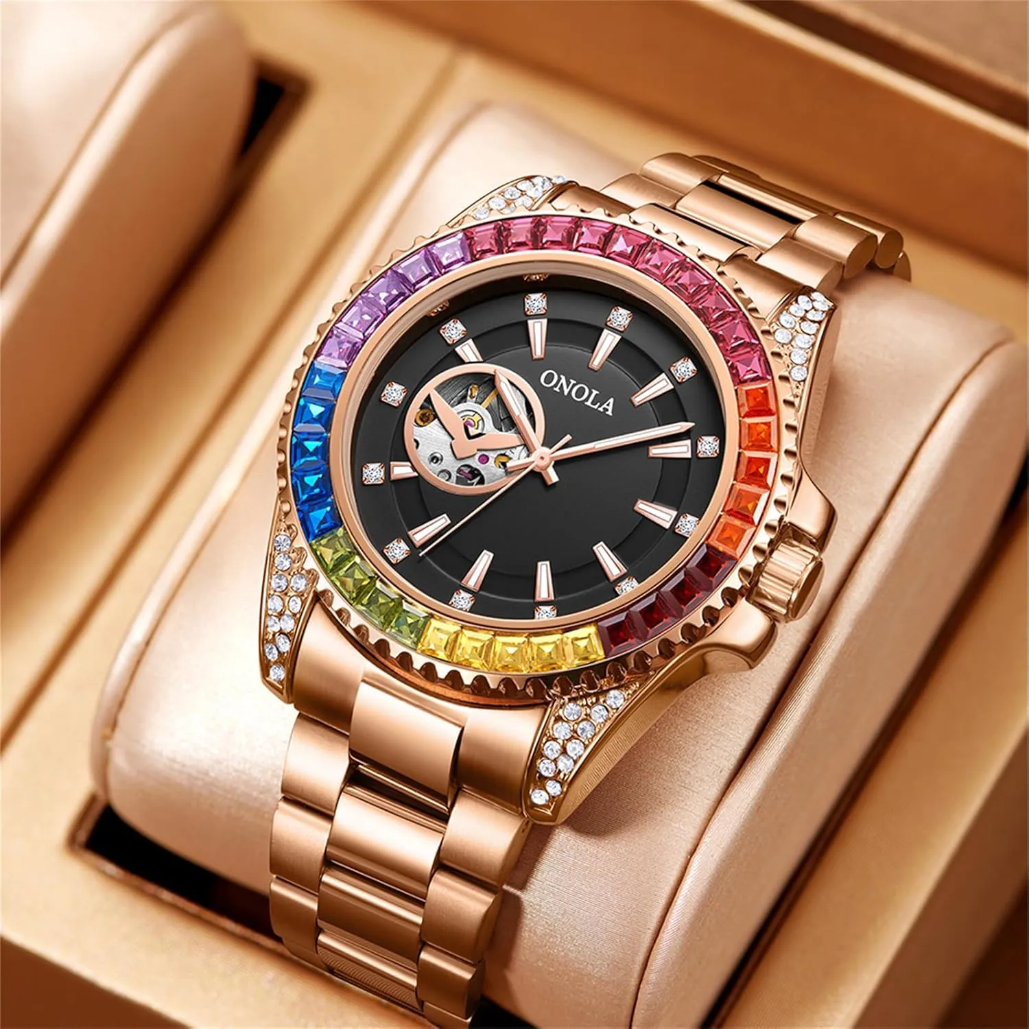 Men Watch Fashion Color Diamond Dial Automatic Hand-Winding Wristwatch Skeleton Tourbillon Mechanical Watches Waterproof Business