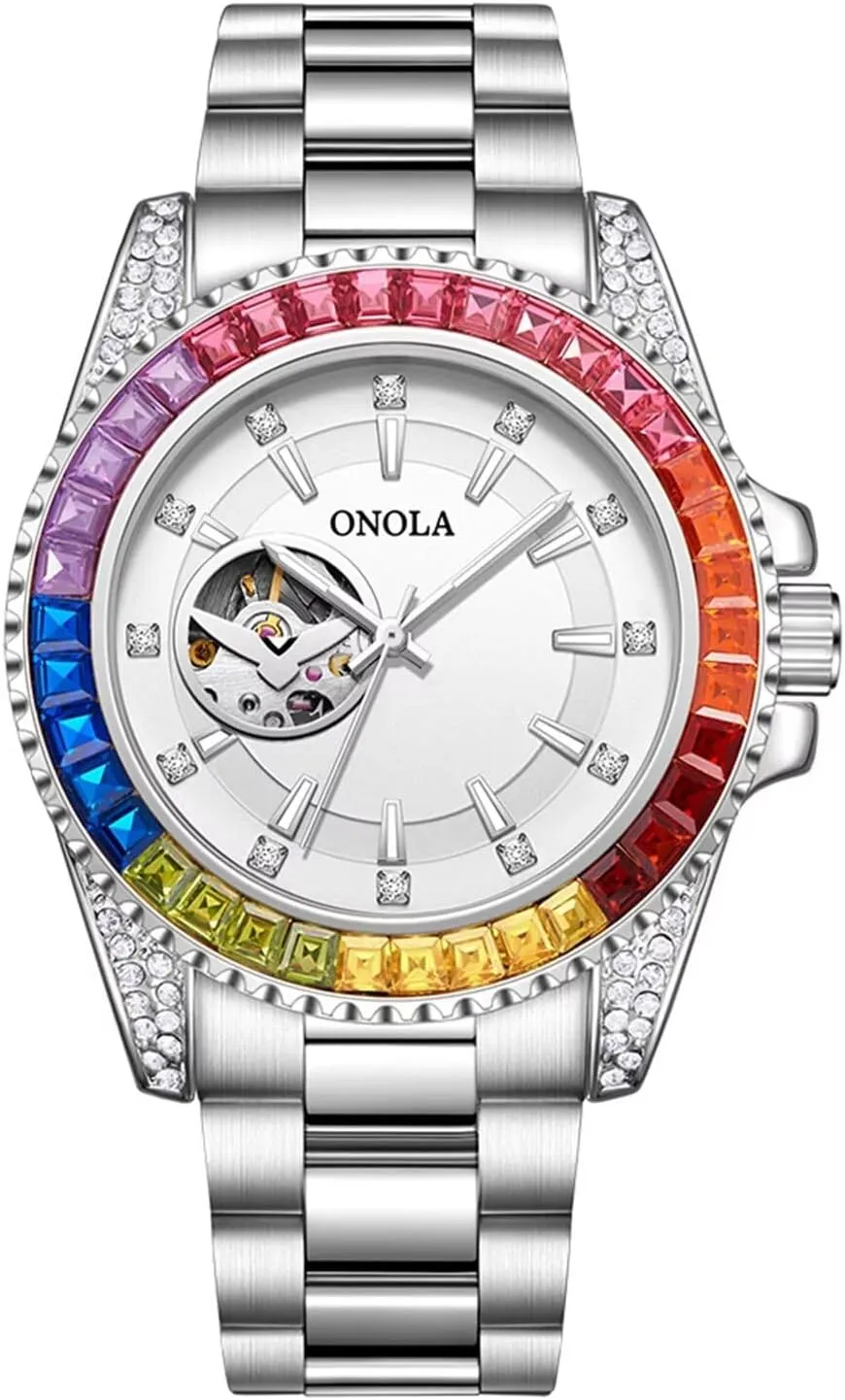 Men Watch Fashion Color Diamond Dial Automatic Hand-Winding Wristwatch Skeleton Tourbillon Mechanical Watches Waterproof Business