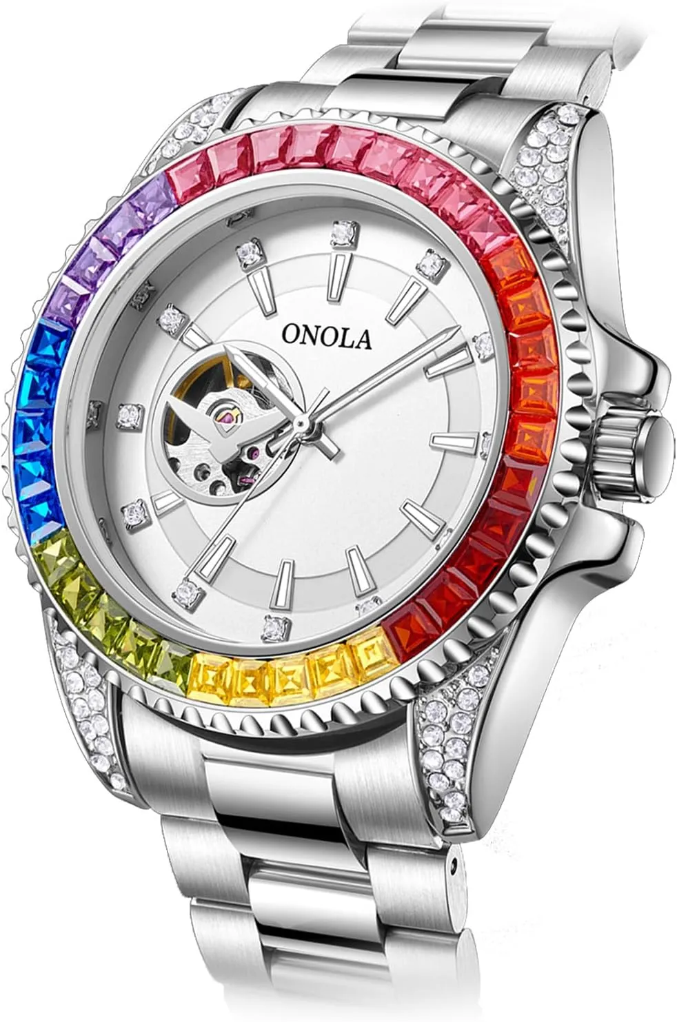 Men Watch Fashion Color Diamond Dial Automatic Hand-Winding Wristwatch Skeleton Tourbillon Mechanical Watches Waterproof Business