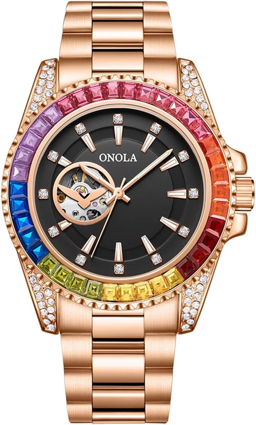 Men Watch Fashion Color Diamond Dial Automatic Hand-Winding Wristwatch Skeleton Tourbillon Mechanical Watches Waterproof Business