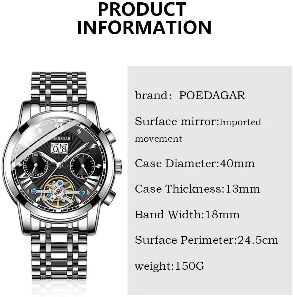 Men Watch Luxury Automatic Mechanical Watches with Date Waterproof Luminous Business Stainless Steel Business Dress Men's Wristwatch