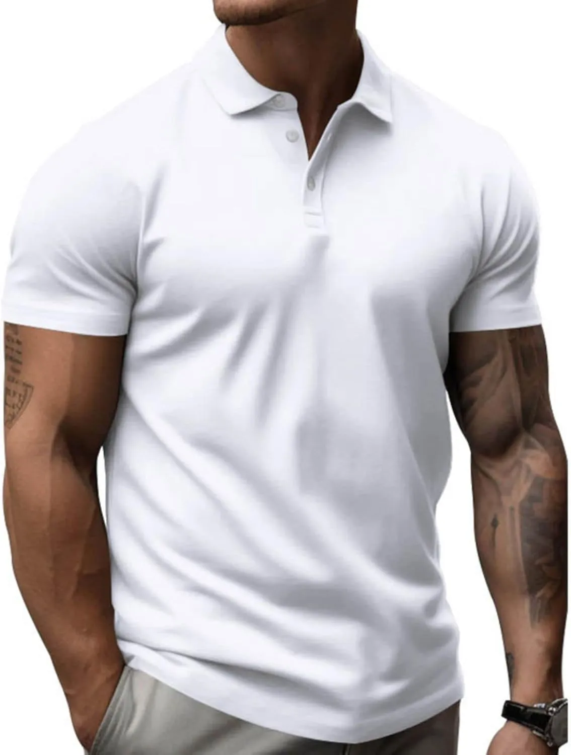 Mens Business T Shirt Solid Color Short Sleeve Lapel Tops Slim Fit Polo Tees Muscle Bodybuilding Sport Workout Shirts