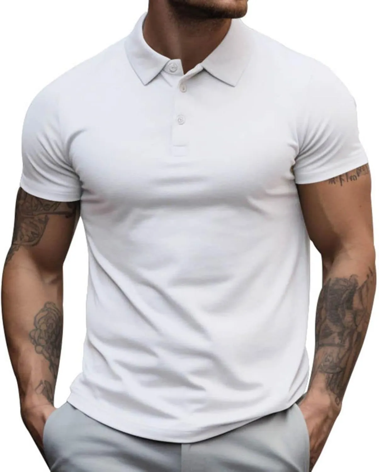 Mens Business T Shirt Solid Color Short Sleeve Lapel Tops Slim Fit Polo Tees Muscle Bodybuilding Sport Workout Shirts
