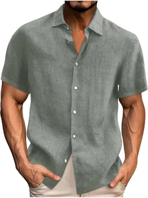 Mens Casual Breathable Short Sleeve Tops Cotton Linen Button Down Lapel Shirts Summer Fashion Solid Lightweight Shirt