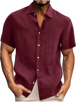 Mens Casual Breathable Short Sleeve Tops Cotton Linen Button Down Lapel Shirts Summer Fashion Solid Lightweight Shirt