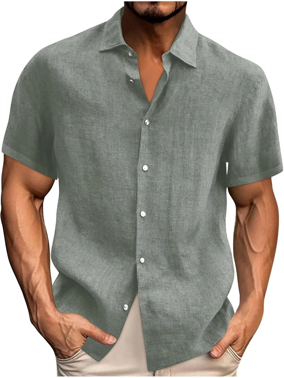 Mens Casual Breathable Short Sleeve Tops Cotton Linen Button Down Lapel Shirts Summer Fashion Solid Lightweight Shirt