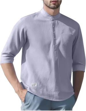 Mens Cotton Linen Henley Shirts 3/4 Sleeve Casual Summer Beach Hippie T-Shirt Collarless Vacation Tops with Pocket