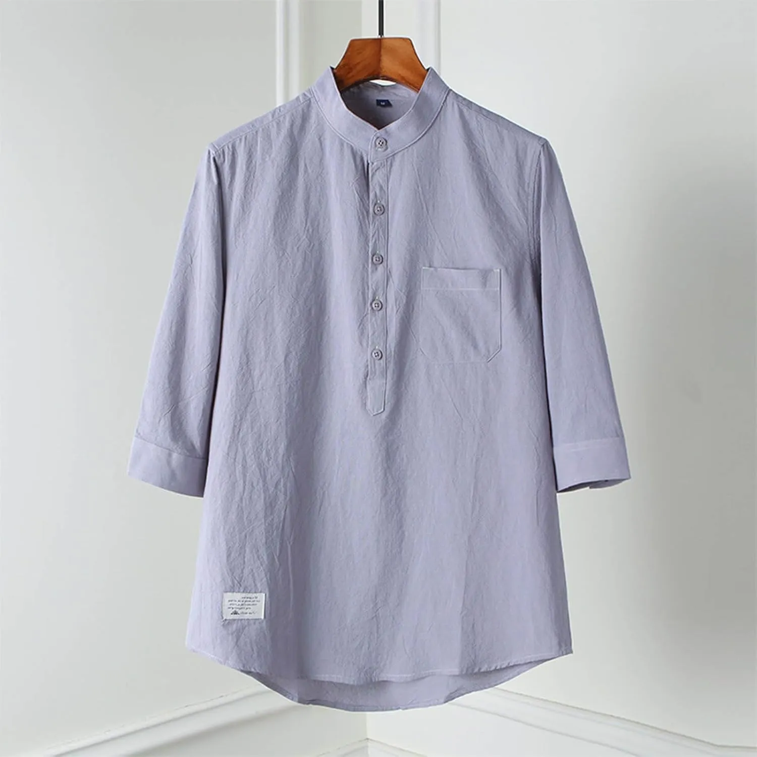 Mens Cotton Linen Henley Shirts 3/4 Sleeve Casual Summer Beach Hippie T-Shirt Collarless Vacation Tops with Pocket