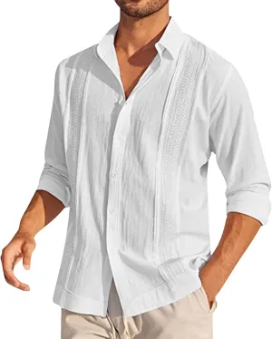 Mens Cotton Linen Long Sleeve Shirt Casual Summer Cuban Guayabera Button Down Solid Lapel Collar Outdoor Shirt Top