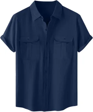 Men's Cotton Linen Short Sleeve Shirts 2025 Summer Tops Button Down Casual Collared Shirts Vacation Beach Outfits