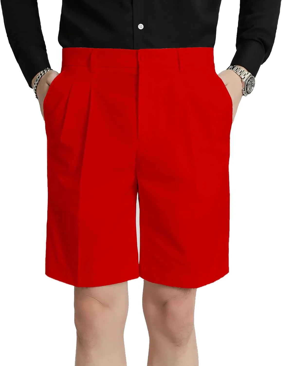 Men's Flat Front Pleat Dress Shorts for Golf, Casual and Formal Wear 9" Inseam (Order One Size Up)