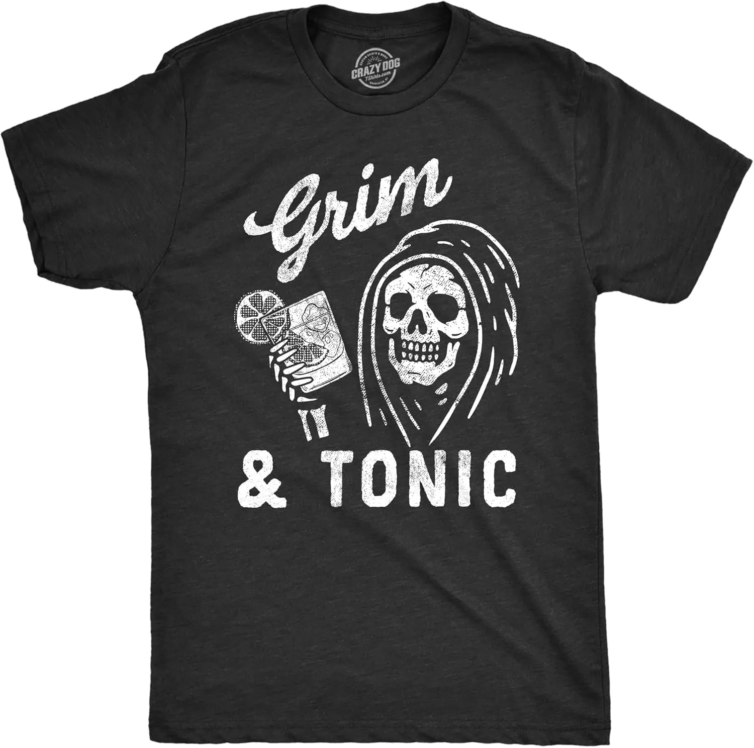 Mens Grim and Tonic T Shirt Funny Spooky Halloween Reaper Mixed Drink Joke Tee for Guys