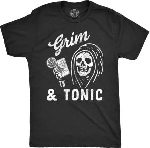 Mens Grim and Tonic T Shirt Funny Spooky Halloween Reaper Mixed Drink Joke Tee for Guys