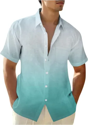 Mens Hawaiian Short Sleeve Gradient Shirts Summer Casual Button Down Shirt Fashion Tropical Vacation Lapel Shirts