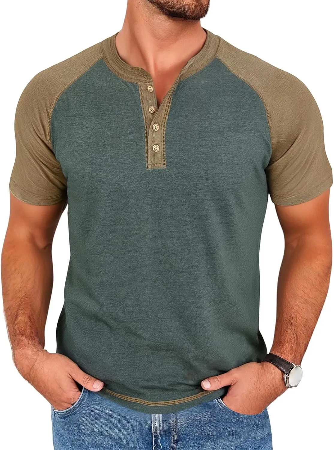 Mens Henley Raglan Short Sleeve T-Shirt Casual Slim Fit Jersey Baseball T Shirts Workout Gym Golf Henley Tee Tops