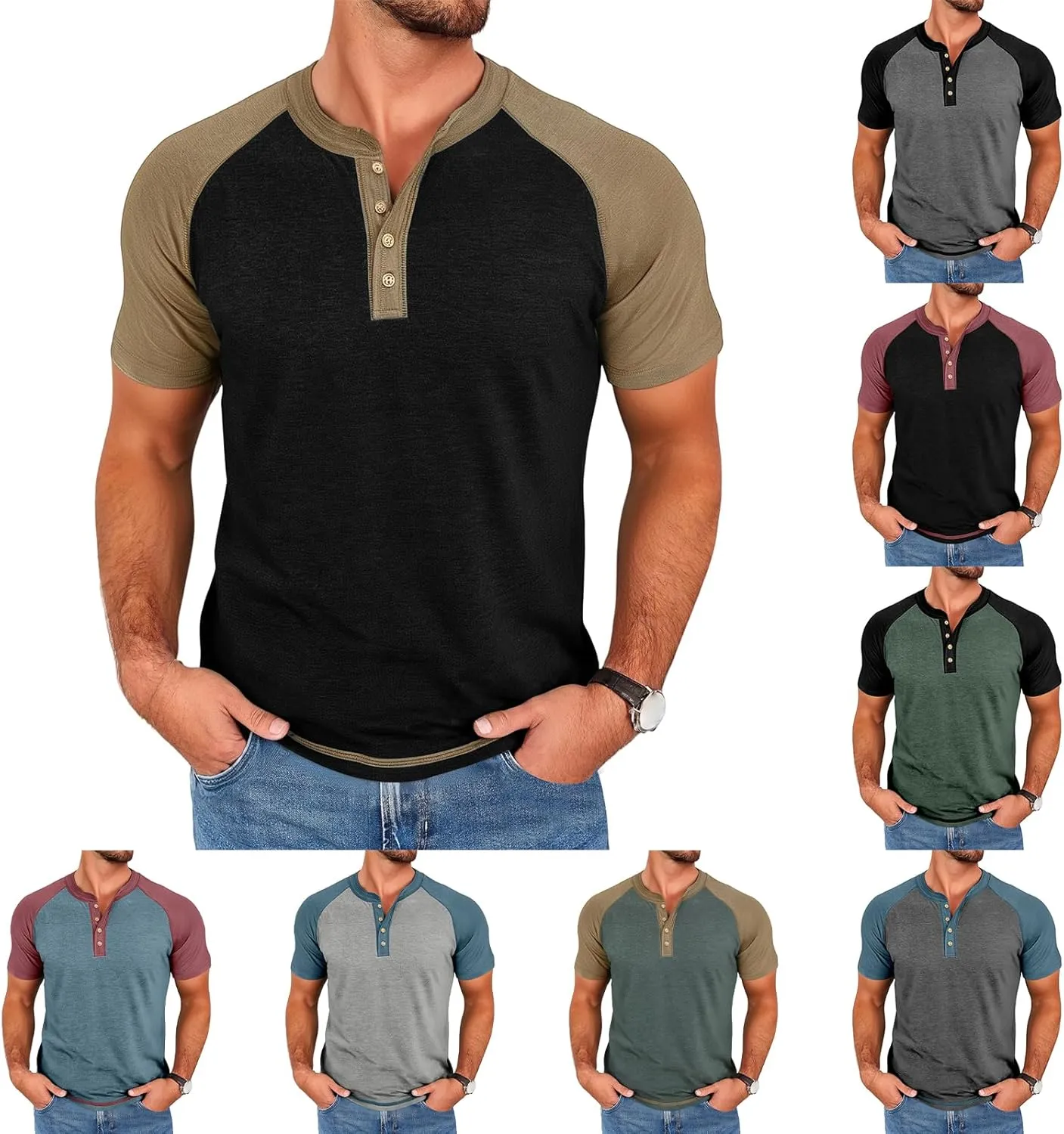 Mens Henley Raglan Short Sleeve T-Shirt Casual Slim Fit Jersey Baseball T Shirts Workout Gym Golf Henley Tee Tops