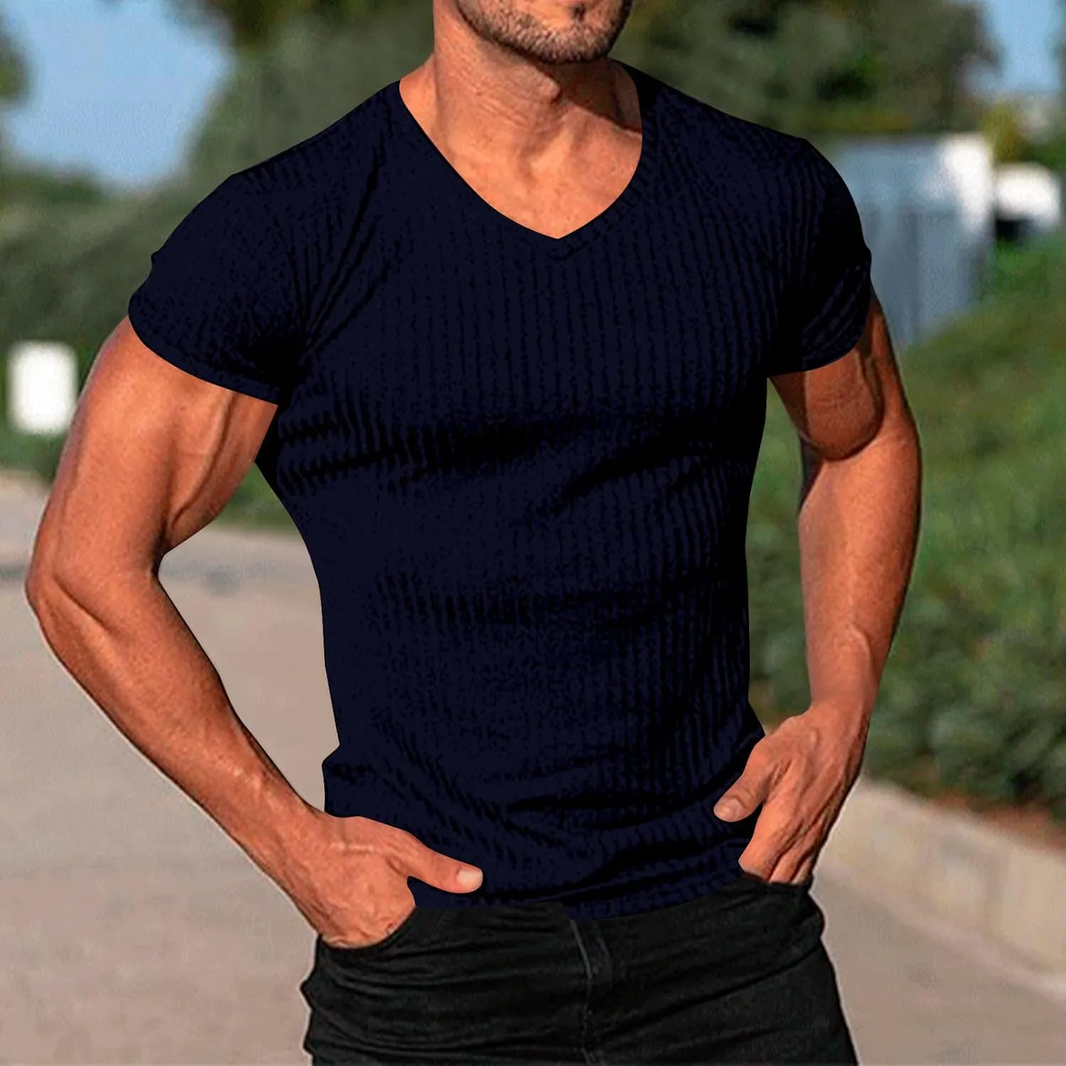 Mens Knit T Shirts Slim Fit Casual V Neck Short Sleeve Men Fashion Ribbed Knit Vintage Sweater Tee Pullover Shirts