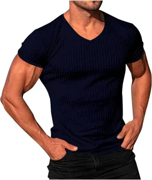 Mens Knit T Shirts Slim Fit Casual V Neck Short Sleeve Men Fashion Ribbed Knit Vintage Sweater Tee Pullover Shirts