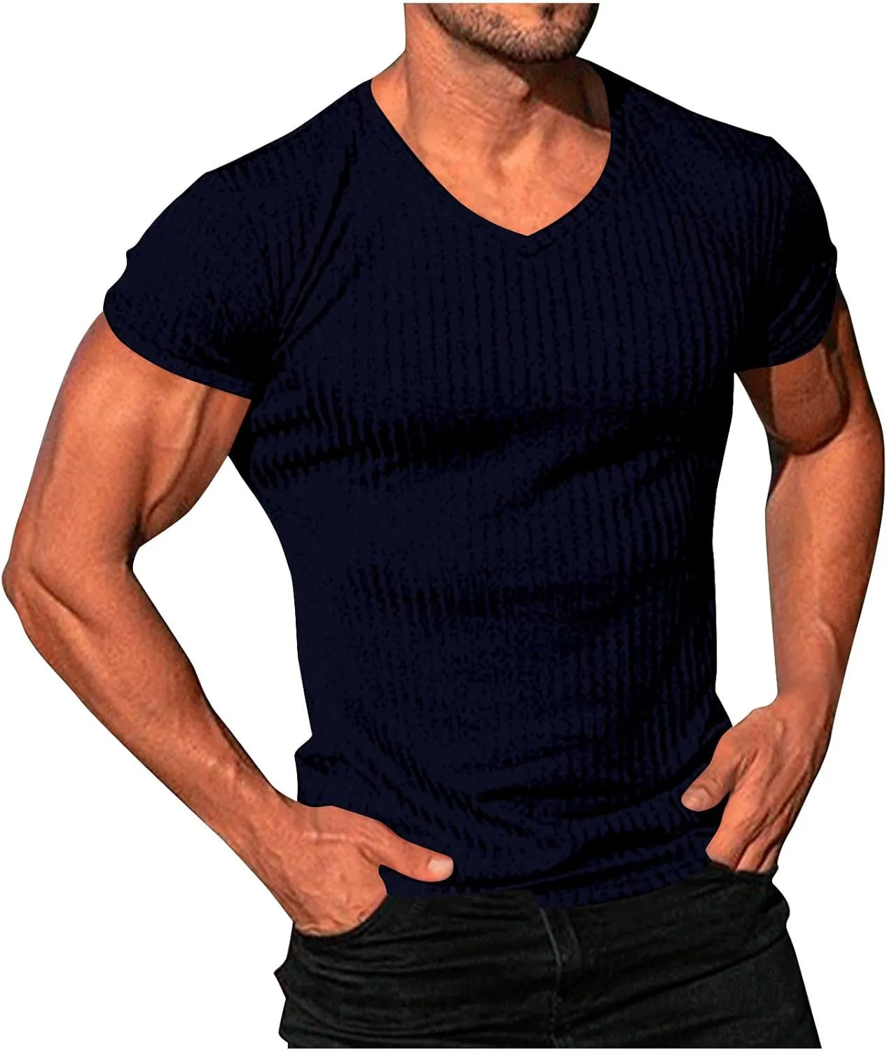 Mens Knit T Shirts Slim Fit Casual V Neck Short Sleeve Men Fashion Ribbed Knit Vintage Sweater Tee Pullover Shirts