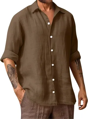 Men's Linen Dress Shirt Regular Fit Stretch Long Sleeve Solid Business Wedding Button Down Stretch Shirts Plus Size