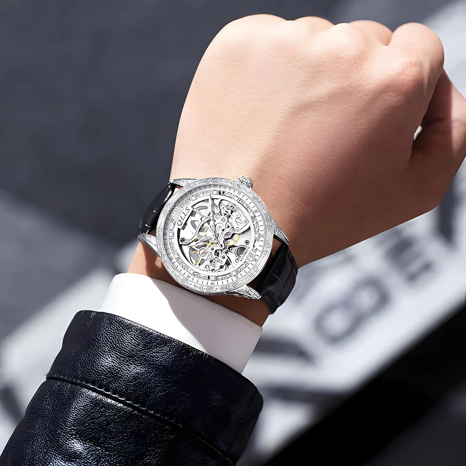 Mens Mechanical Watch Retro Carved Automatic Watches Hollow Diamond Inlaid Men Wristwatch Clock Silver