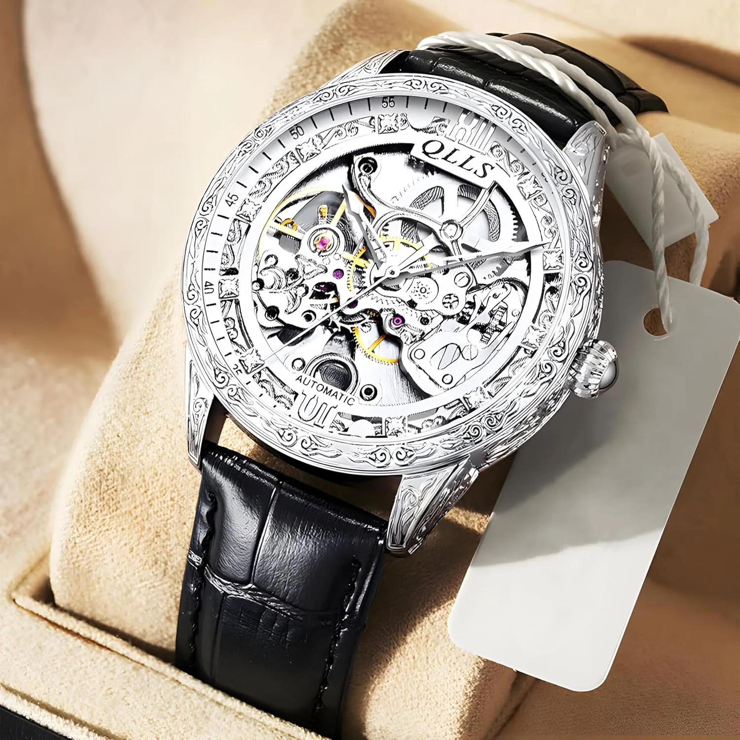 Mens Mechanical Watch Retro Carved Automatic Watches Hollow Diamond Inlaid Men Wristwatch Clock Silver