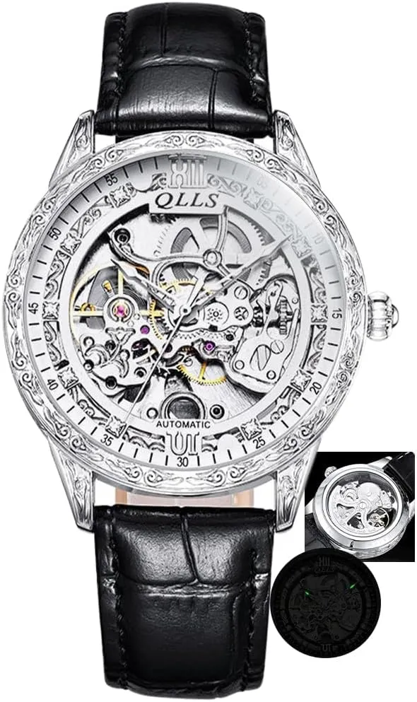 Mens Mechanical Watch Retro Carved Automatic Watches Hollow Diamond Inlaid Men Wristwatch Clock Silver