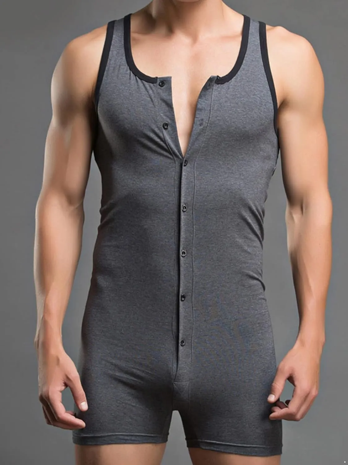 Men's One Piece Tank Top Sleeveless Henley Jumpsuit Pajama Boxer Romper Underwear Sleepwear
