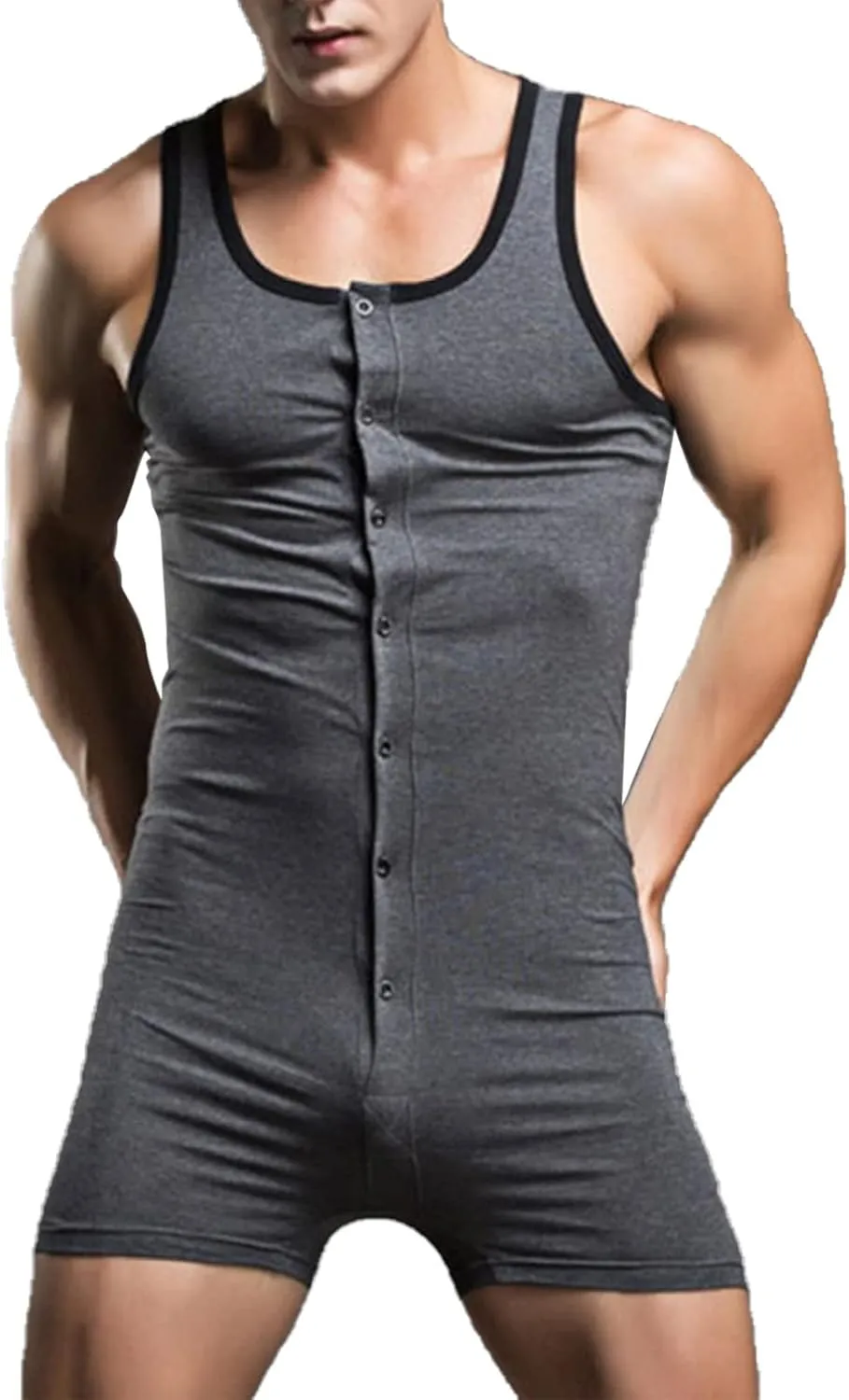 Men's One Piece Tank Top Sleeveless Henley Jumpsuit Pajama Boxer Romper Underwear Sleepwear