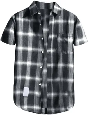 Mens Plaid Shirt Short Sleeve Button Down Lapel Collar Tops Casual Lightweight Summer Checkered Shirt with Pocket