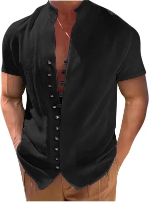 Mens Short Sleeve Linen Shirt Button Up Loose Fit Vintage Shirts Banded Collar Solid Color Tops Casual Summer Beach Shirts